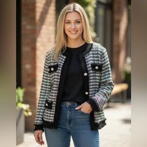 Laura Ashley Vintage Black, White & Silver Wool Blend Long Sleeve Cardigan S